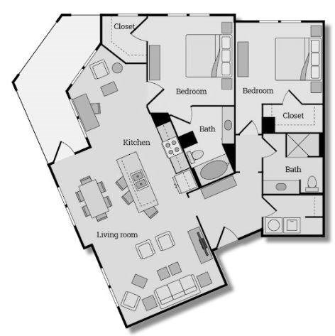 Floor plan for 2 beds, 2 baths, 1345 sqft